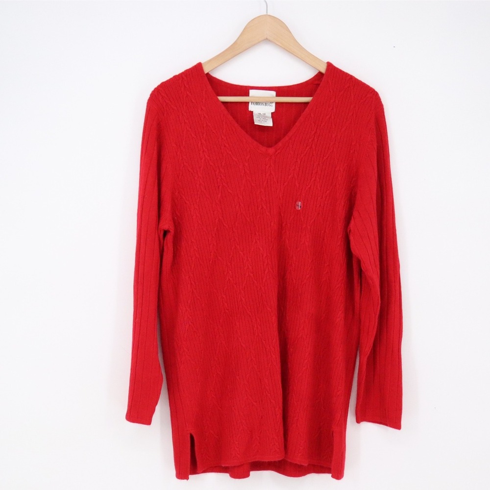 Fashion Bug Sweater Womens 14/16 Cable Knit Red V-Neck Long Sleeve Excellent